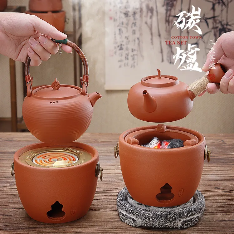 潮州砂铫壶红泥小火煮炭炉复古工夫茶烧水茶炉电碳两用侧把煮茶壶