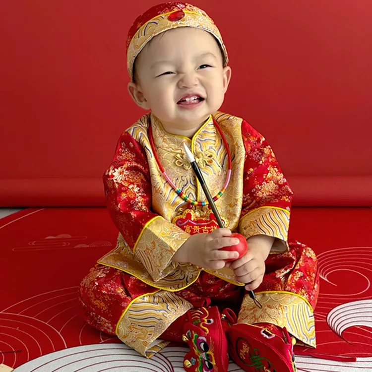 春秋红色儿童唐装中国风抓周服中式周岁礼服服装宝宝衣服套装