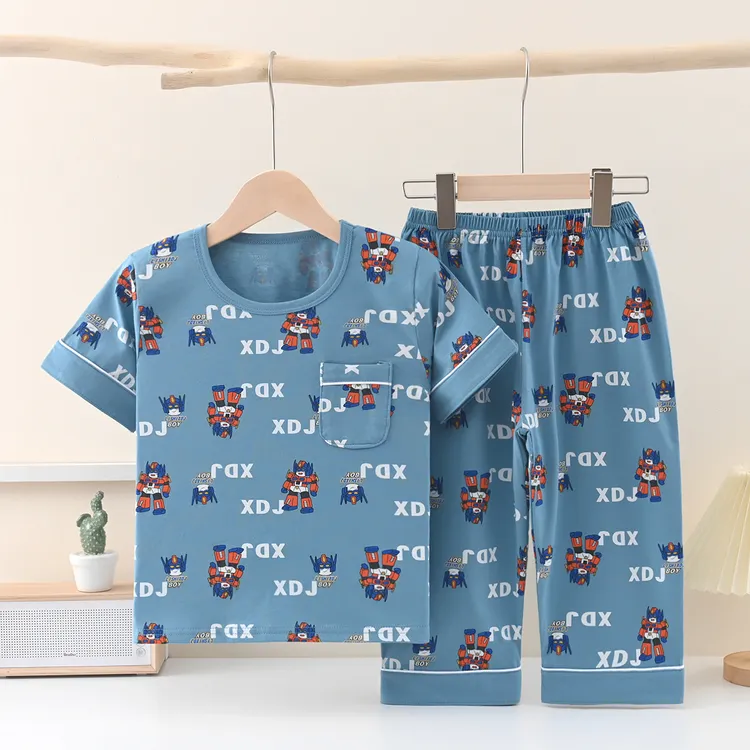 （夏季薄款圆领套装）儿童睡衣薄款男女童短袖七分裤家居服空调服