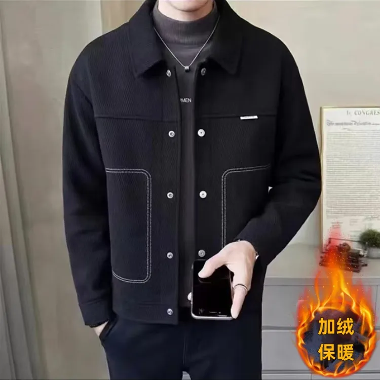 秋冬新款加绒加厚男士翻领明线外套高档轻奢休闲百搭时尚潮流夹克