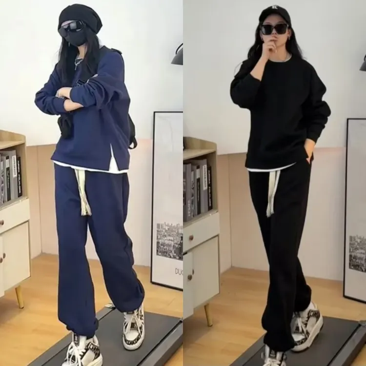 秋季新款男士运动套装情侣款纯色假两件圆领休闲百搭束脚卫裤套装