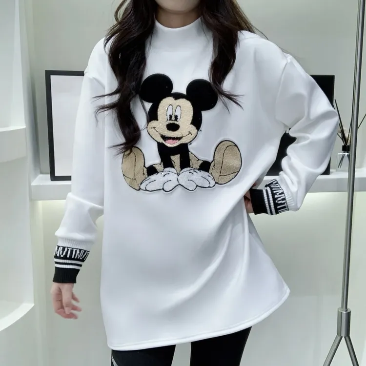 【加宝宝绒】新款冬季重工米奇宽松时尚百搭加绒加厚中长款打底衣