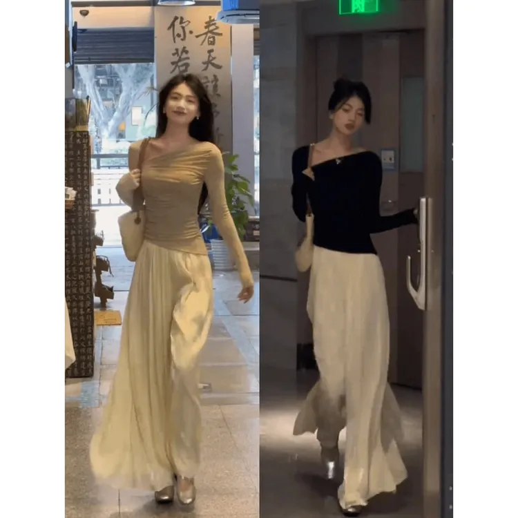 时尚美式高级设计感套装女秋季斜肩显瘦上衣高腰别致裙裤两件套潮