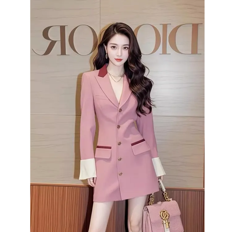 法式时尚减龄连衣裙女装秋冬新款洋气正式场合干练灰色西装A字裙