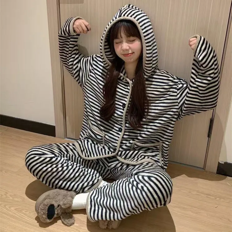 韩版高级感条纹珊瑚绒睡衣女冬季新款加绒加厚毛绒家居服套装外穿