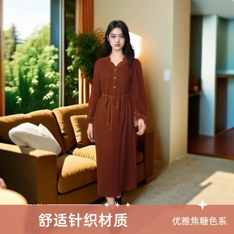 真丝绒连衣裙女秋冬2024新款高贵洋气小v领桑蚕丝金丝绒长袖裙子
