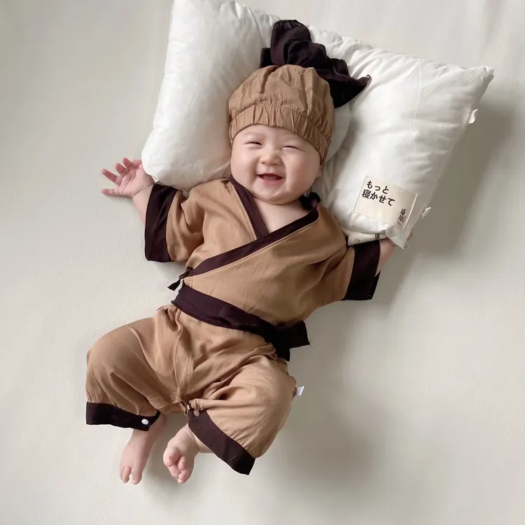 婴儿夏季国风连体哈衣爬服小书童新生儿古风拍照衣服中袖洋气汉服