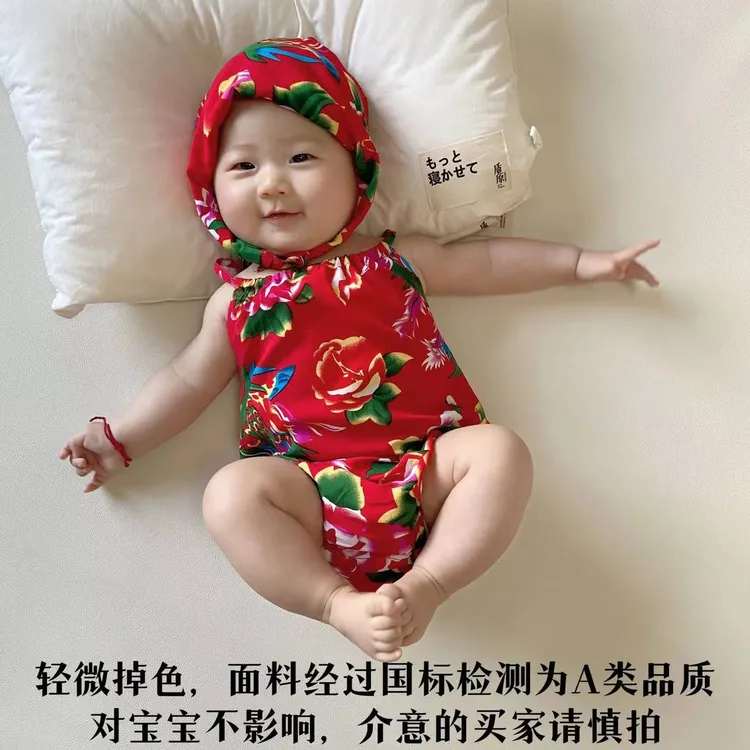 东北大花夏季婴幼儿连体民族风0-1岁宝宝护肚哈衣新生儿网红爬服