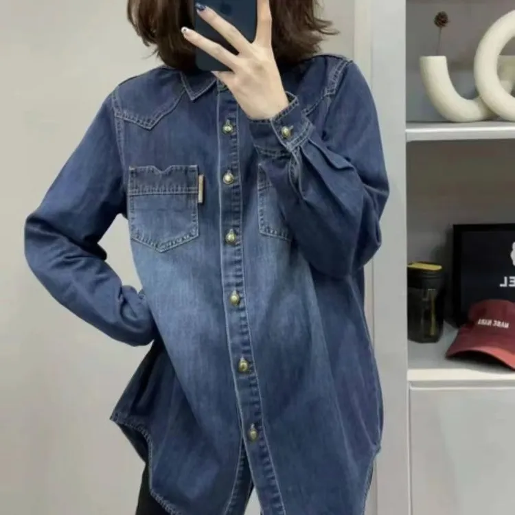 红人上新牛仔衬衣女春秋冬韩版设计感宽松蓝色休闲打底衫衬衣外套