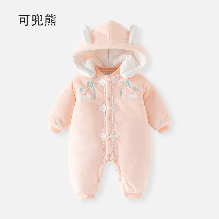 婴儿冬季新款加绒夹棉连体衣新生儿秋冬男女宝宝0-4岁保暖外出服