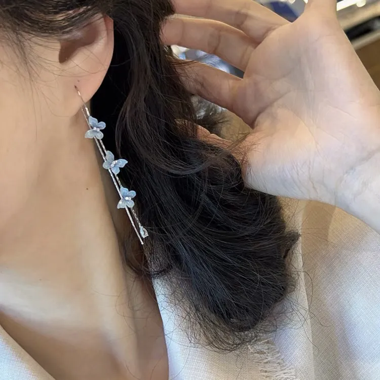 铜合金亚克力耳饰 韩范东大门蓝蝴蝶流苏耳环夏日仙气小众设计感