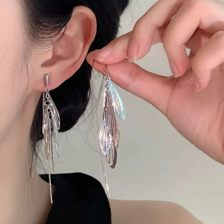 铜合金耳饰 韩范波光粼粼仙气质羽翼ins流苏蚊香盘无耳洞耳夹耳环