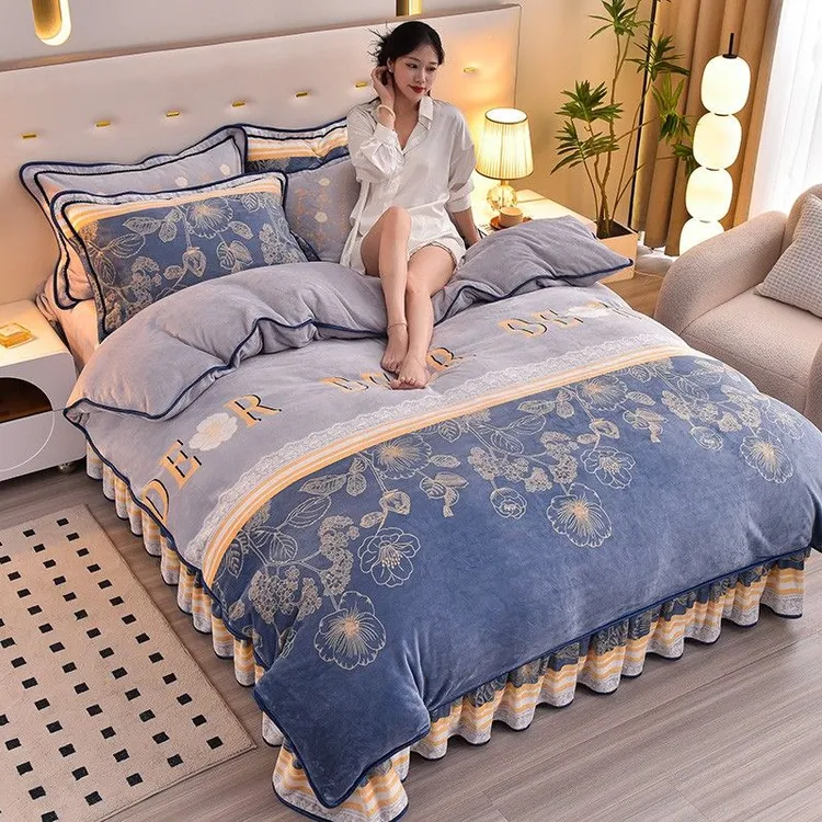 牛奶绒床上加厚冬床四件套绒被加绒防静电印花公主风毛绒双面绒被