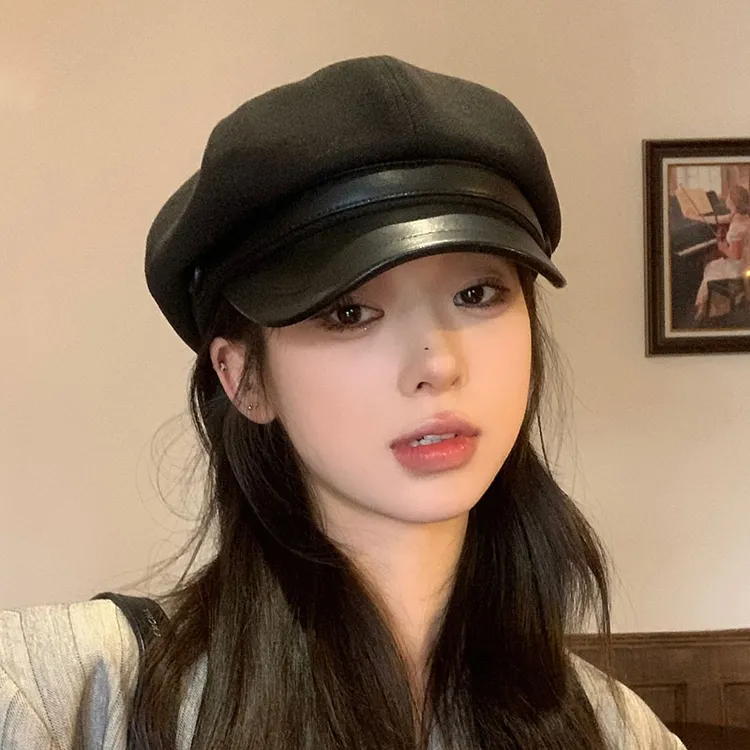 网红气质秋冬毛呢八角帽子女黑色休闲复古贝雷帽显脸小百搭画家帽
