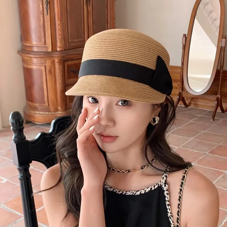 显脸小减龄蝴蝶结圆顶草编鸭舌帽女夏季草帽出游防晒遮阳马术帽子