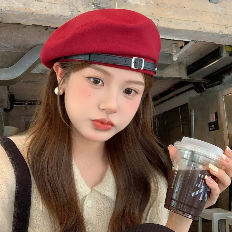 韩系复古文艺贝雷帽女秋冬2024新款百搭显脸小大头围红色画家帽子
