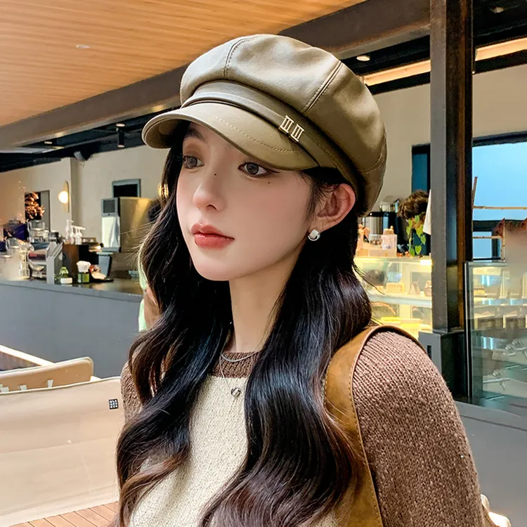春秋季新款八角帽子女pu皮贝雷帽韩版百搭休闲显脸小报童画家帽女