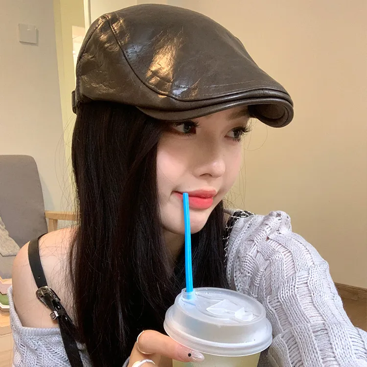 美式复古PU皮质反戴前进帽女夏季百搭辣妹个性小众显脸小贝雷帽子