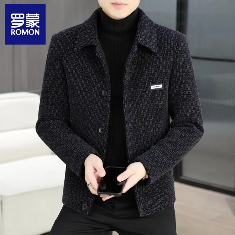 罗蒙翻领加绒加厚冬季男士潮流短款青年呢子毛呢外套秋修身大码