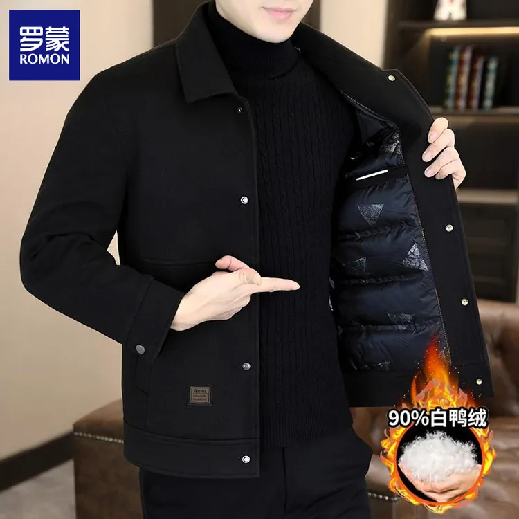 罗蒙秋冬加绒毛呢外套男士短款加绒内胆夹克男休闲翻领呢子大衣