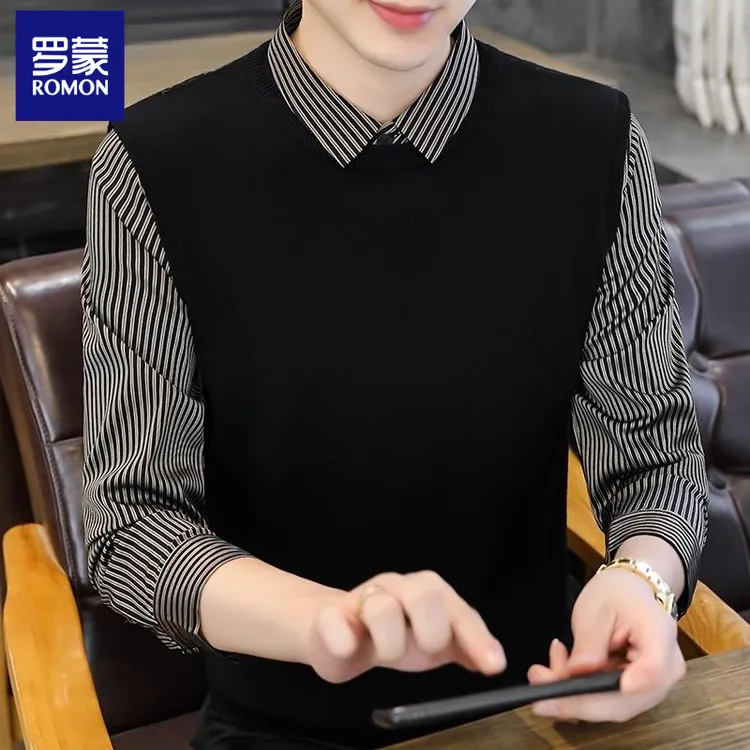 罗蒙2024新款针织衫男士假两件条纹衬衫领秋冬装保暖加绒毛衣男