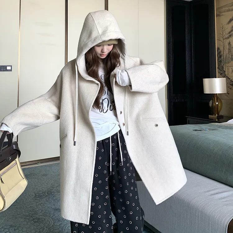 连帽双面羊绒大衣女中长款2024年秋冬新款学院风宽松显瘦毛呢外套