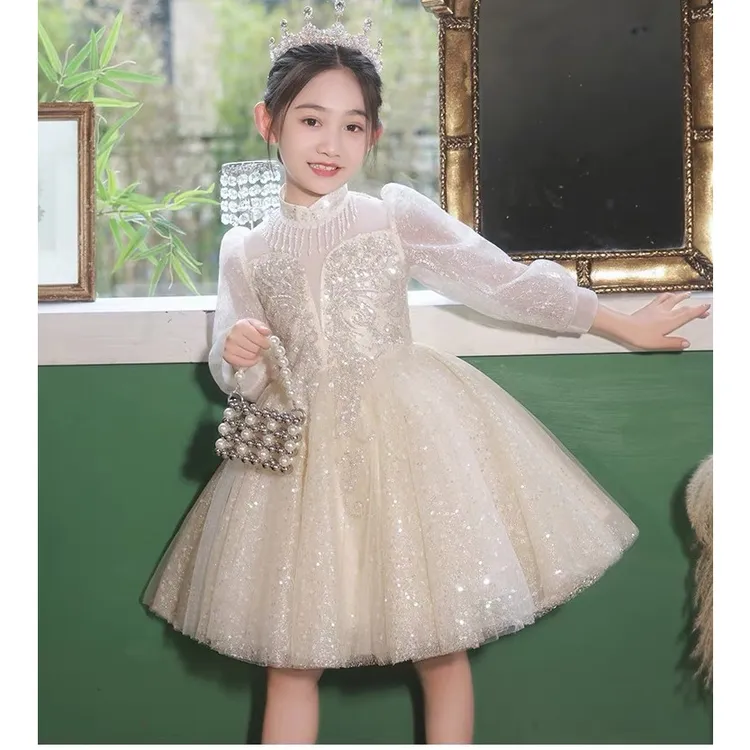 女童2023新款公主裙春秋季演出服女孩高端礼服主持人儿童连衣裙子