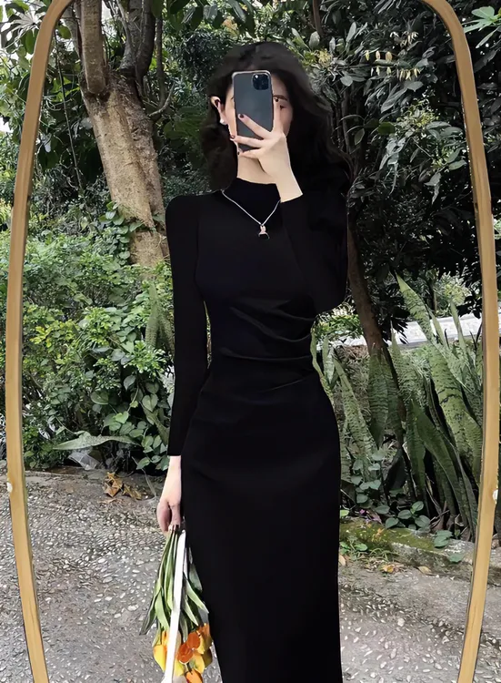 半高领修身性感连衣裙女秋冬磨毛薄绒黑色名媛气质打底长款包臀裙