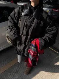 HELLOTANGO《暖冬秘诀》小众时尚保暖拼接皮质翻领羽绒服J64006#