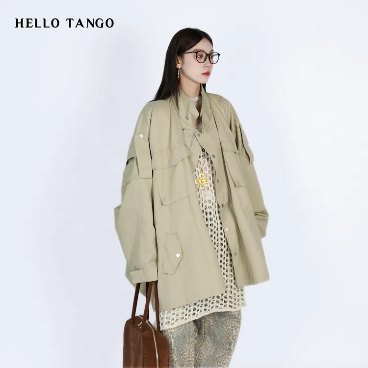 HELLOTANGO《诺丁山秋日》小众重工立领抽绳收腰显瘦宽松风衣84840#