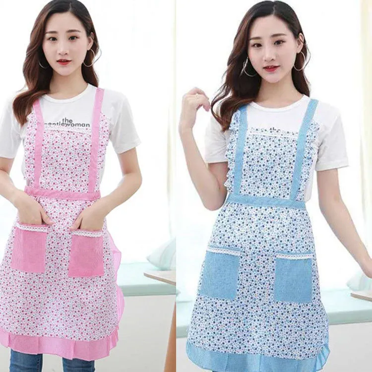 韩版家用做饭围裙女款无袖成人罩衣家居时尚碎花双层防油污工作服