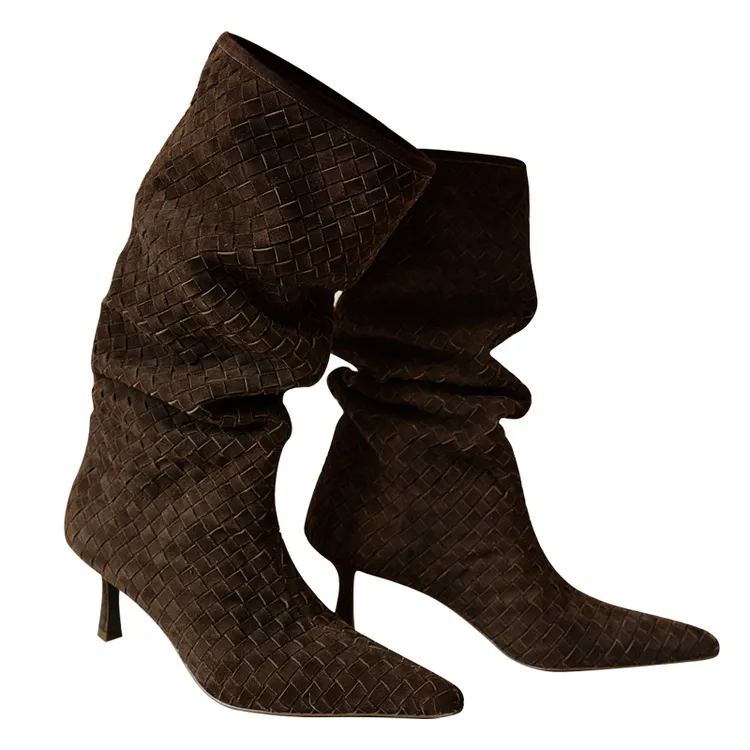 Le' Murmure 2025秋冬新款羊反绒长筒靴堆堆靴高跟长靴时装靴