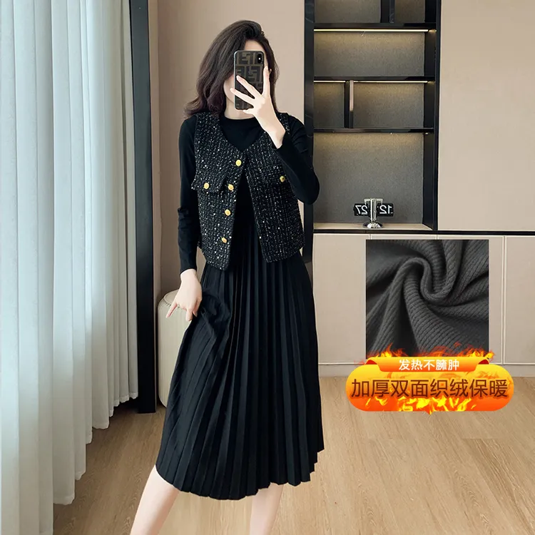 加厚加绒连衣裙小香风马甲洋气女2025春季新款高级感长裙套装