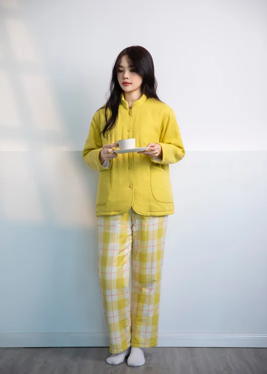 宜色家中式国潮风山系立领夹棉家居服睡衣女套装加厚冬款保暖
