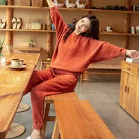 宜色家新款全棉五层纱夏季大码保暖家居服春秋外穿8090睡衣女套装