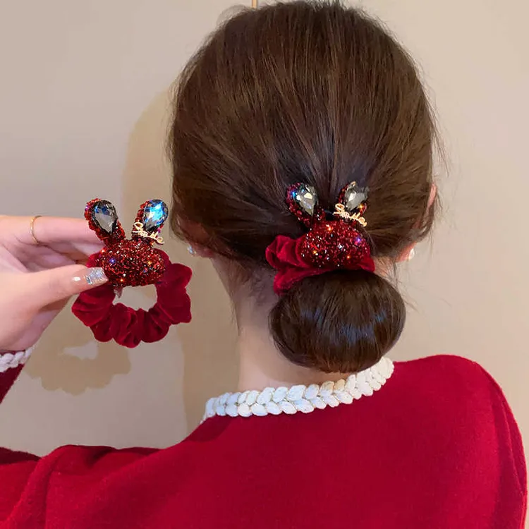 新年红色发饰女满钻可爱兔子耐用皮套大肠发圈扎马尾头绳绑头发绳