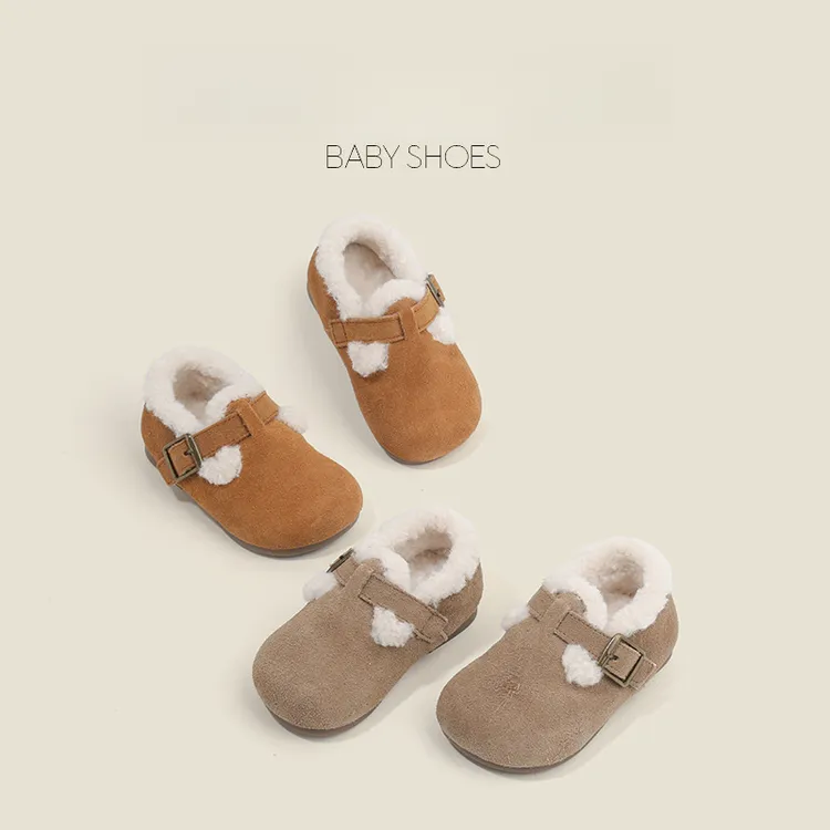 时尚儿童勃肯鞋皮鞋2024秋冬新加绒单款男女宝牛反绒复古毛毛鞋