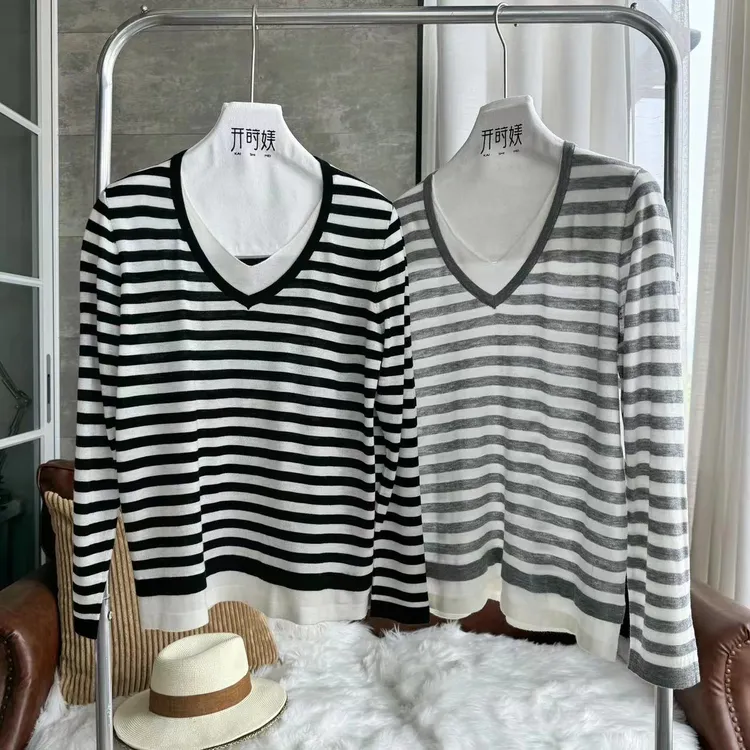 037【云小院】夏季空调房条纹衫V领羊绒桑蚕丝假两件T恤轻薄长袖