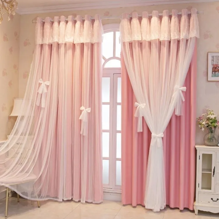 窗帘新款网红高遮光双层北欧隔热蕾丝布纱一体卧室客厅阳台飘成品