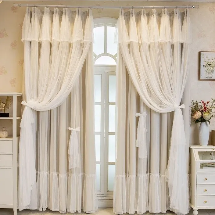 窗帘韩式成品定制梦幻公主婚房网红卧室客厅现代三层布纱一体落地