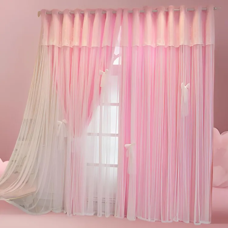 双层一体窗帘客厅新款透光不透人白色蕾丝公主风卧室客厅门帘定制