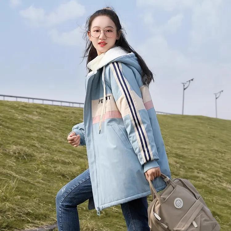 15-18岁适合女学生加绒外套初中学生棉服小学生中长款加厚外套