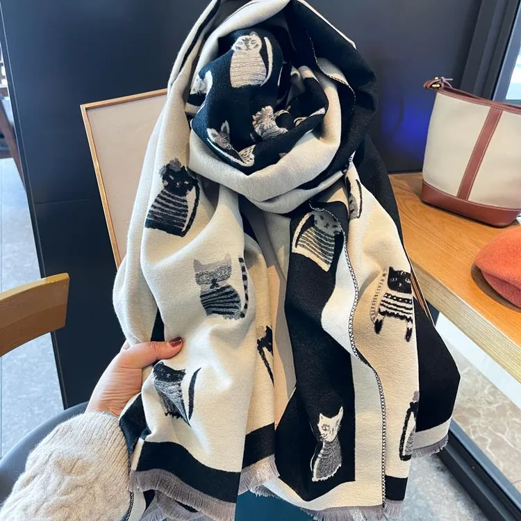 Miss Silas冬季减龄萌猫学生两用围脖外搭披肩双面羊绒保暖围巾女