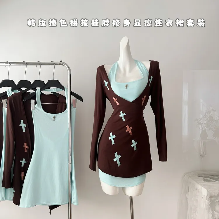 人鱼精灵'辣妹十字架长袖小个子连衣裙秋季修身显瘦针织短裙套装