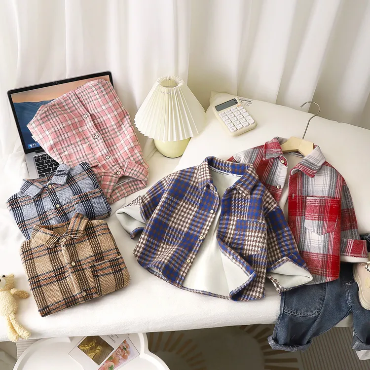 秋冬季儿童宝宝加绒格子衬衣休闲童装外套中小童上衣保暖一体绒洋