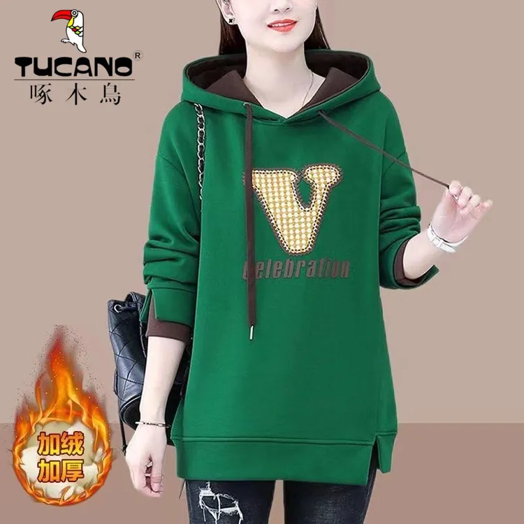 啄木鸟加绒加厚卫衣女秋冬季新款宽松显瘦连帽时尚假两件上衣外套