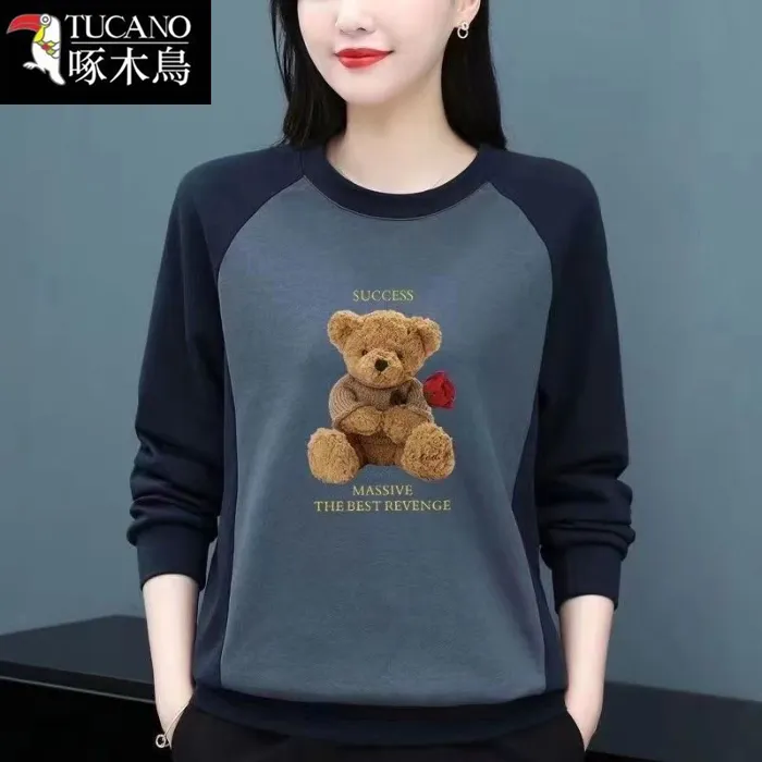 啄木鸟中年大码圆领卫衣2024春秋新款拼接印花长袖女妈妈t恤上衣