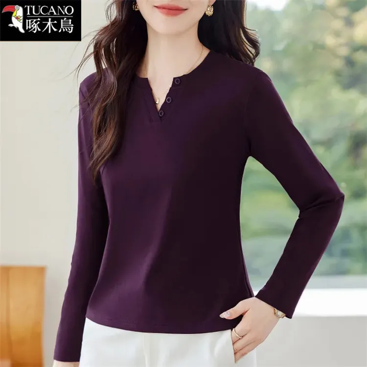 啄木鸟2024秋冬季新款女士简约长袖V领上衣T恤时尚休闲内搭打底衫