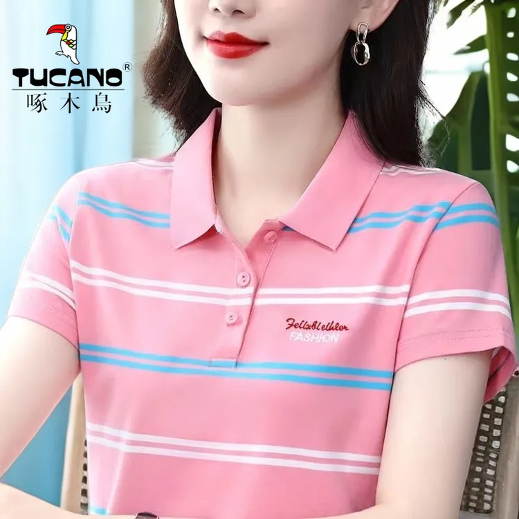 啄木鸟女士t恤短袖条纹中年妈妈2024新款夏季减龄显瘦带领POLO衫 
