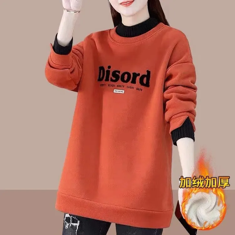 啄木鸟中长款卫衣女2024秋冬季新款休闲百搭洋气减龄上衣打底衫